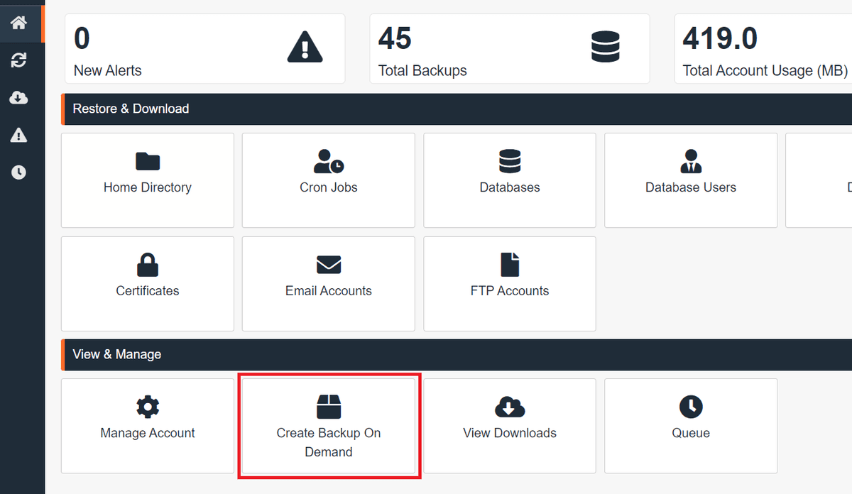 JetBackup daily backups dashboard